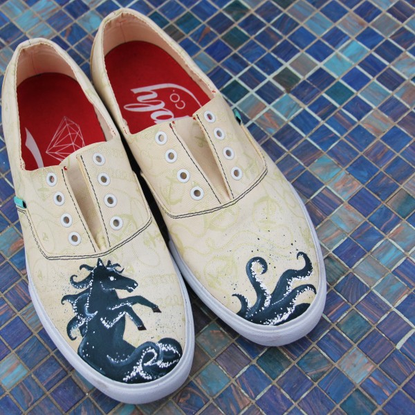 Custom, hand painted Seahorse shoes featuring a fantasy creature with a horse upper body and octopus legs.
