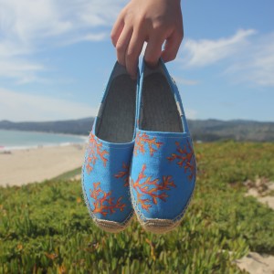 Custom, hand painted Coral pattern Soludos espadrilles shoes. Displayed at the beach.