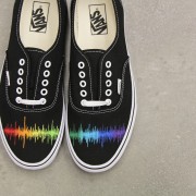 Custom, hand painted Audio wave Vans shoes featuring a rainbow spectrum of the audio wave.